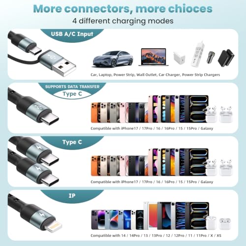 Travel Essentials Multi Charging Cable,4 in 2 USB C Splitter Cable 2Pack 5F - color: Grey&Black2, size: 5FT