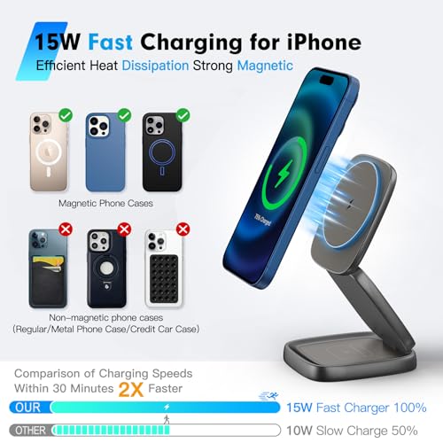 3-in-1 Magnetic Wireless Charging Station for Apple Devices - 15W Fast Charge with 30W Adapter, Foldable Aluminum Travel Dock for iPhone 17/16/15/14/13/12 Series, iWatch, AirPods
