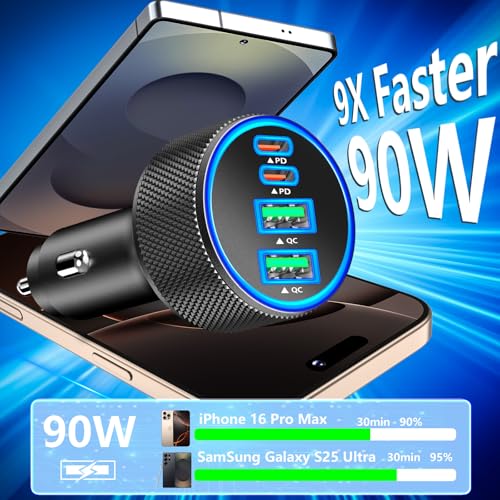 2Pack 4-Port 90W USB C Car Charger, Rombica Car Phone Charger Fast Charging - color: Raven Black