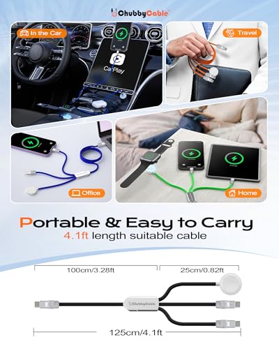 chubbycable 3 in 1 Silicone USB C Cable for Apple Watch, Green, 4.1FT - color: Green