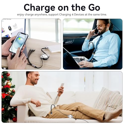 Multi USB Charger Cable 4A, Retractable Charging Cord for Multiple Devices