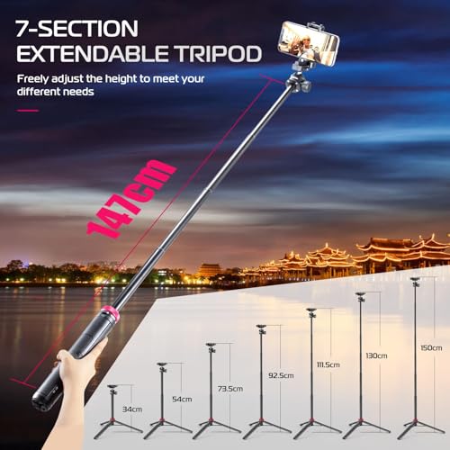 ULANZI MT-44 Auto Open Phone Tripod, 59" Extendable Selfie Stick Vlog Stand - color: BLACK