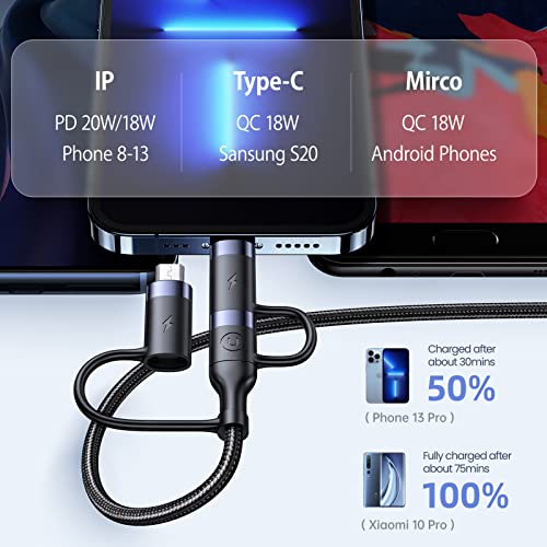 3-in-1 USB C Multi Fast Charging Cable 60W 4FT Nylon Multi Charger - color: Black, size: 4FT