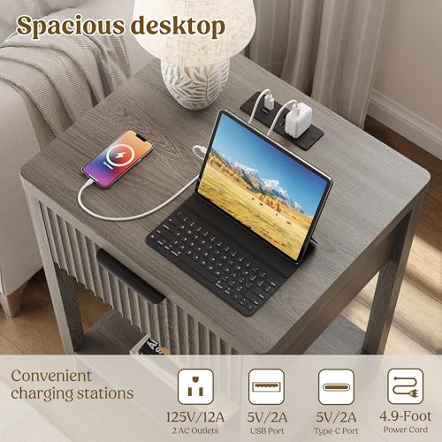 Night Stand Set 1, Fluted Wood Bedside Table w/Socket Station for Bedroom - color: Dark Grey, size: 1 Drawer-Set of 1 Nightstand