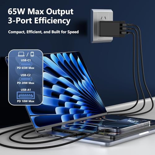 65W USB C Charger for iPhone 18/17Pro/Max,3-Port Fast Charger USB C - color: white