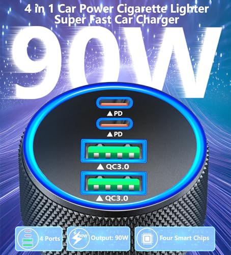2Pack 4-Port 90W USB C Car Charger, Rombica Car Phone Charger Fast Charging - color: Raven Black