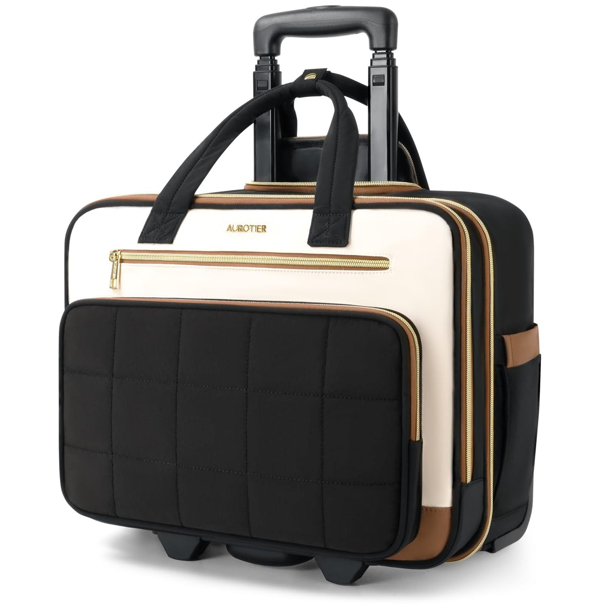 Rolling Puffer Laptop Bag, Rolling Briefcase for Women, Wheeled 16 Inch Computer Bag, Water Resistant Stylish Overnight Underseat Carry On Luggage with Wheels for Work Travel Business, Beige Brown