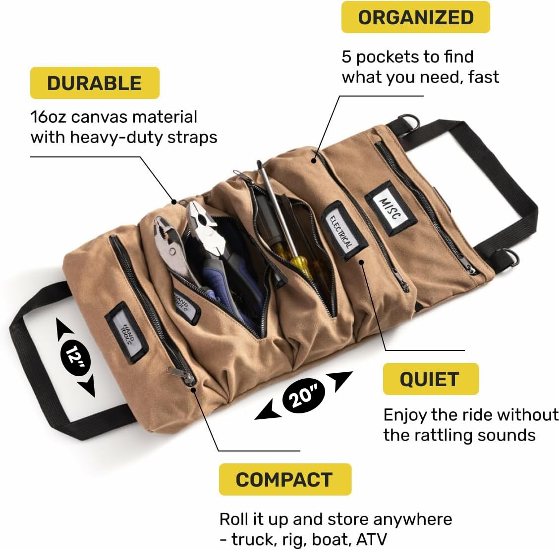 Official Legacy Tool Roll Bag - Easy to Carry 5-Pocket Roll Up Tool Bag - Durable Canvas, Rust-Proof YKK Zippers, Secure Buckle - A Loving Gift for Dads, Mechanics, Electricians & Hobbyists| ArmyGreen