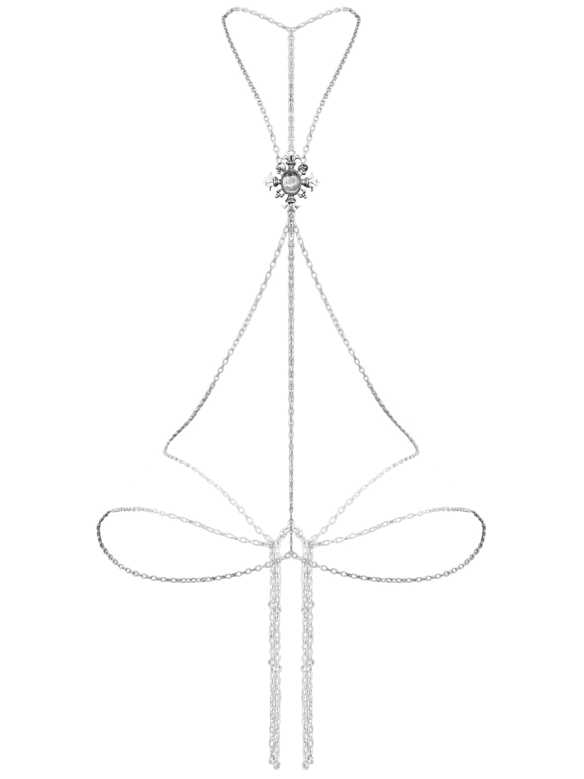 Gothic Cross Body Chain for Women – Silver Tone Adjustable Waist Body Jewelry with Clear Oval Crystal, Vintage Filigree Y-Style Harness Necklace for Festival Party Outfit