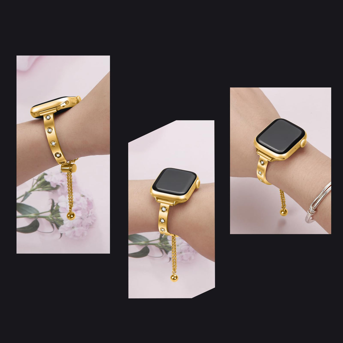 YouthRun Stainless Steel Band Compatible with Apple Watch 38mm 40mm 41mm 42mm 44mm 45mm 46mm 49mm Pretty Luxury Strap with Sparkle Diamond, Dressy iWatch Bracelet, Bling Thin Band for Women (Gold)