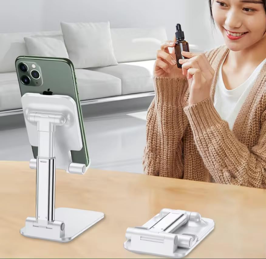 Foldable Desktop Phone and Tablet Stand, Adjustable Universal Mount, Compatible with iPhone, iPad, and PC Tablets - color: White