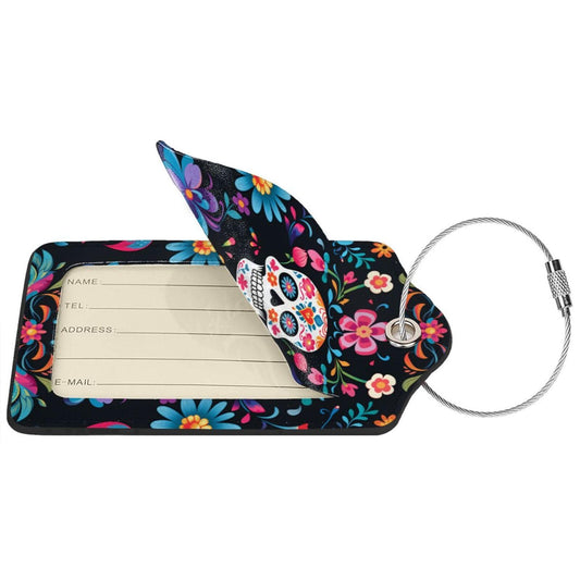 keluki 2 Pcs PU Leather Luggage Tags, Privacy Cover Name ID Label with Metal Loop and Address Card for Travel Bag Suitcase,Mexican Sugar Skulls Flowers Design
