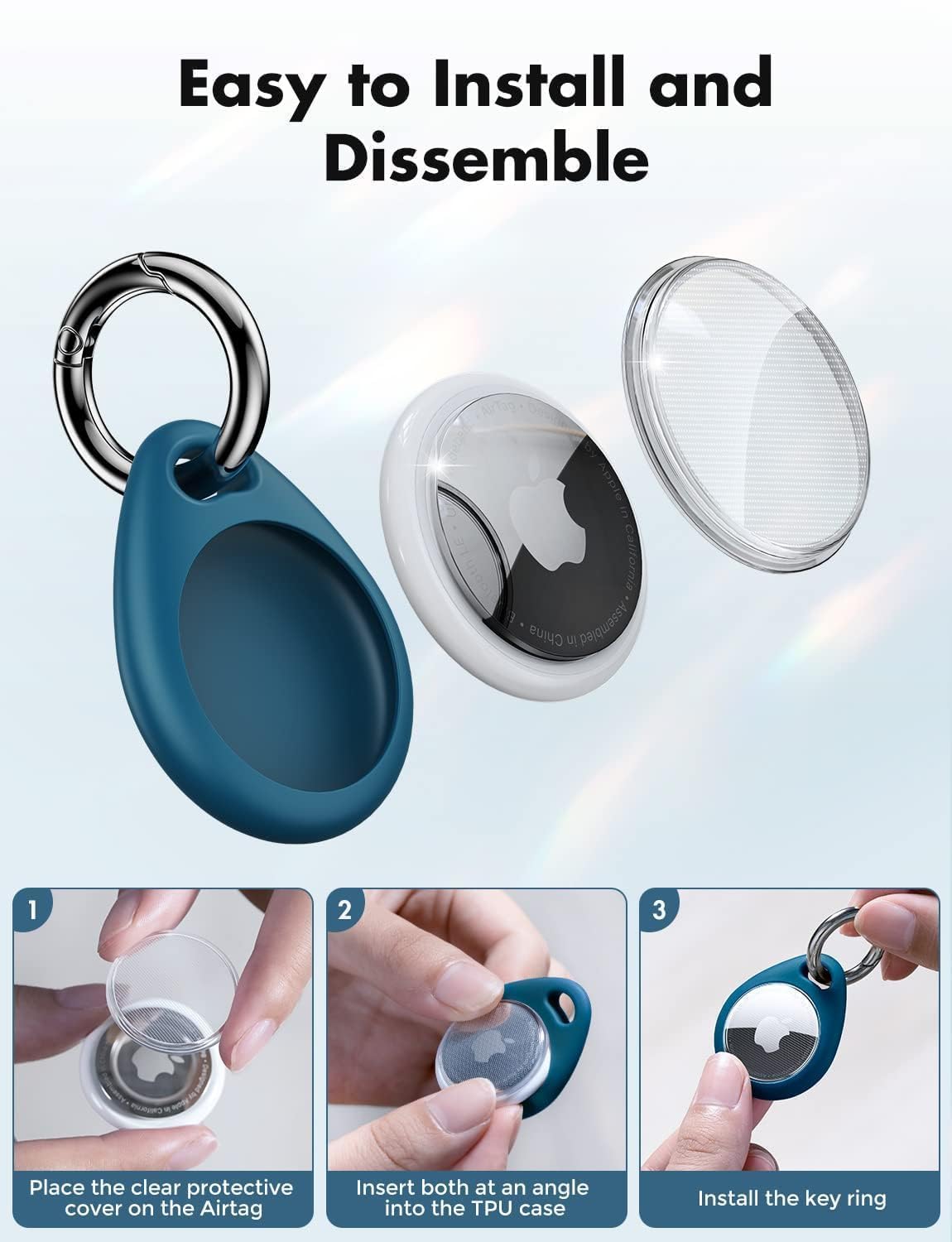 UNBREAKcable AirTag Holder for Apple - 4 Pack Air Tag Case [Fit Tightly Design] [Easy to Install] [Hold Securely] Waterproof TPU Protective Cover with Metal Keychain for Kids,Pet,Luggage,Backpack,Keys