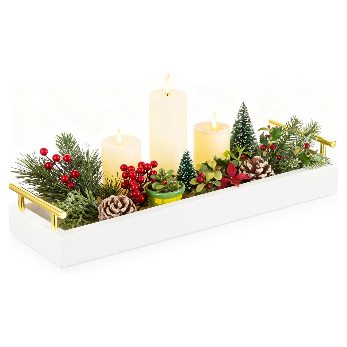 Hanobe Long Tray for Table Centerpiece: Decorative Narrow Trays Wooden Candle Holder - Centerpiece Tray with Handles for Home Decor Dining Table Coffee Bar Living Room,White