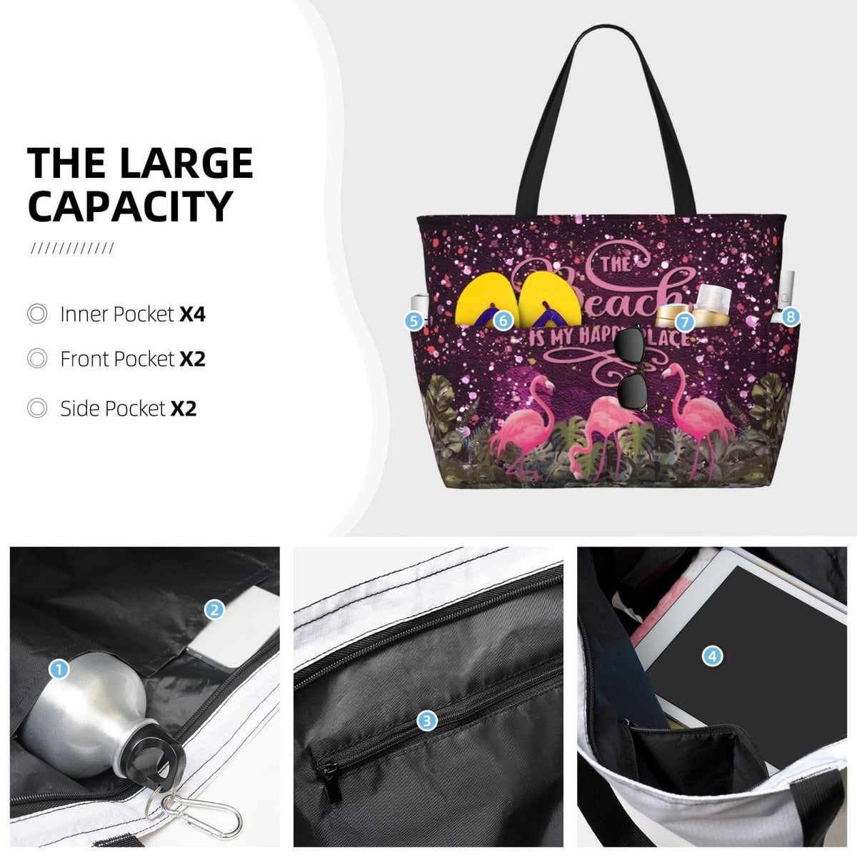 Mvcpoci Beach Bags Waterproof Sandproof Beach Bags For Women, Leopard Flamingo Print Beach Tote For Trendy Vacation