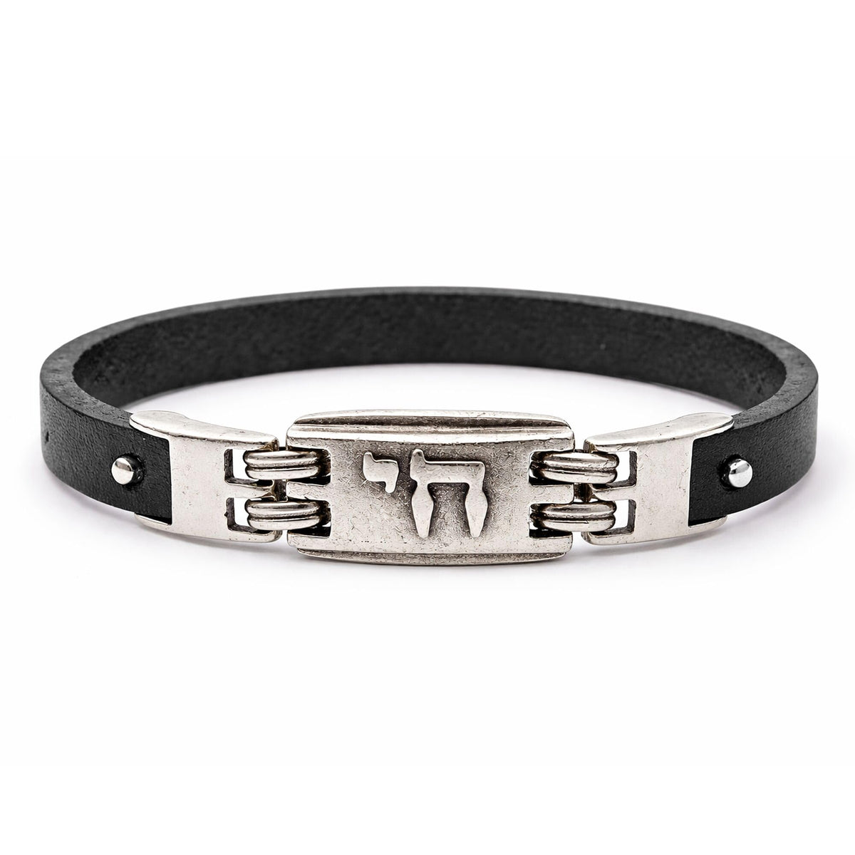 Alef Bet by Paula Chai Leather Bracelet for Men and Boys - Genuine Black Leather with Silver Plated Hebrew Chai Charm - Symbol of Life - Adjustable Bar Mitzvah Gift