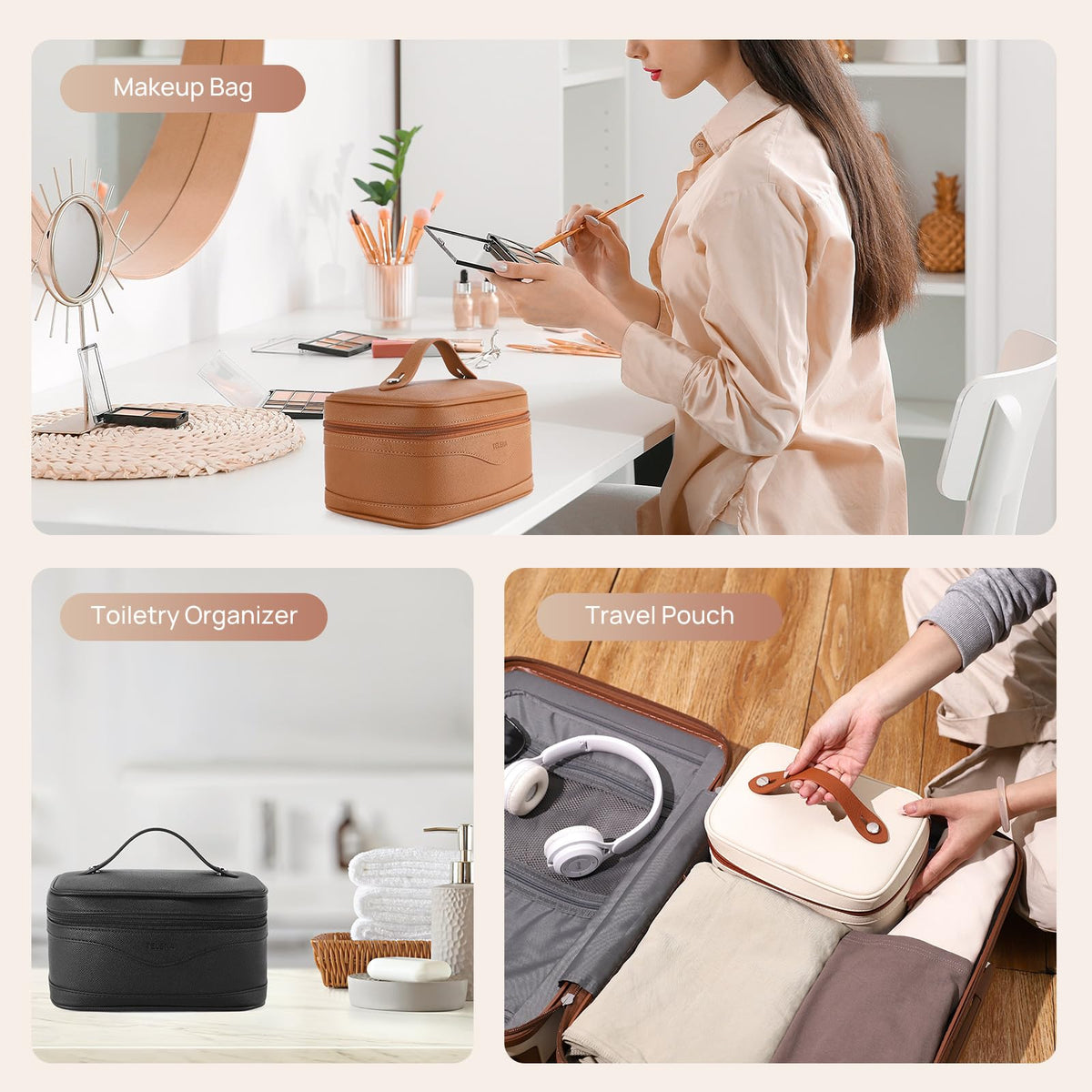 Telena Large Makeup Bag, Travel Toiletry Bag for Women, Vegan Leather Makeup Organizer Case Cosmetic Bag for Travel Essentials
