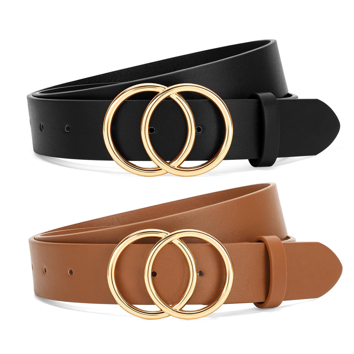 SANSTHS 2 Pack Women Leather Belts Faux Leather Jeans Belt with Double O Ring Buckle Black Brown M
