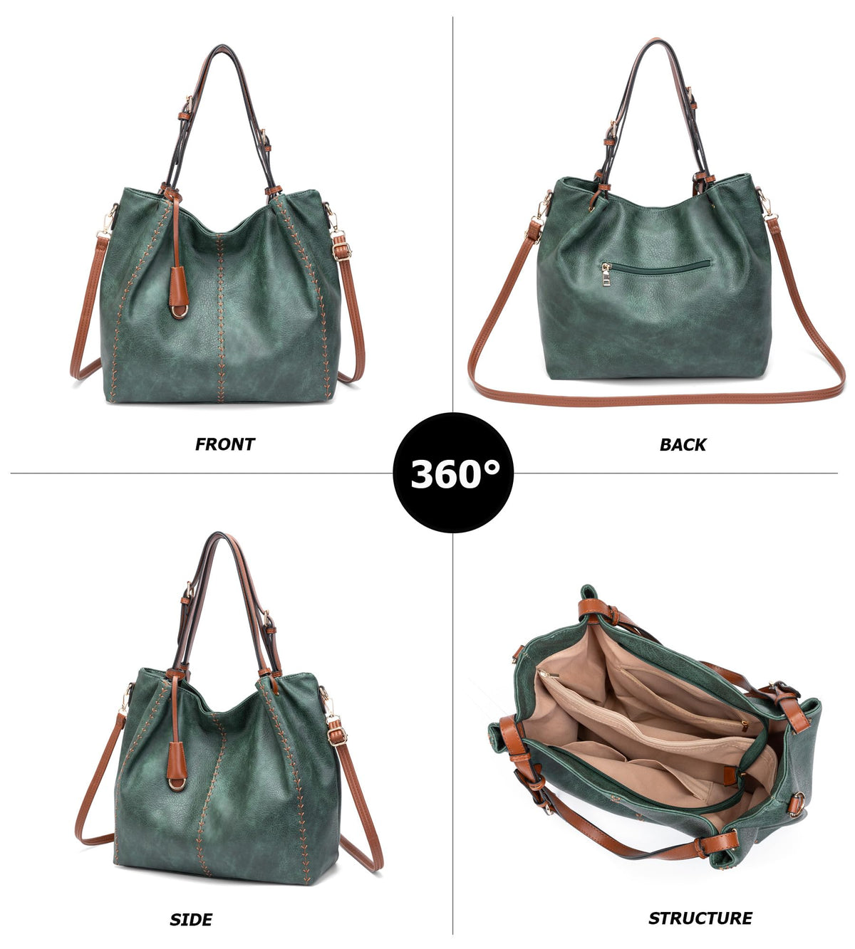 myfriday Casual Faux Leather Tote Hobo Bag for Women, Soft Shoulder Bag Crossbody Satchel Purse and Handbag (Green)