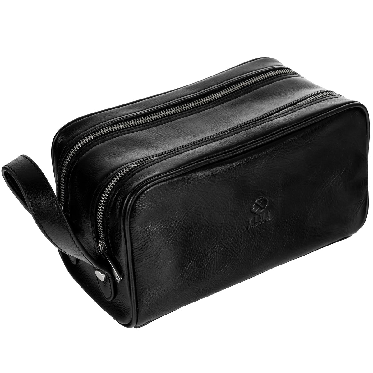 Time Resistance Leather Cosmetic Bag - Italian Toiletry Dopp Kit (Black)