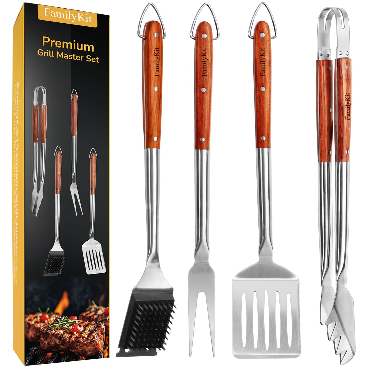 4PCS Grilling Accessories Rose Wooden BBQ Grilling Tools Set, Heavy Duty Stainless Steel Barbecue Grill Tools Kit with Spatula, Clips, Brushes, Forks for Outdoor Grill, BBQ Gift for Men and Women