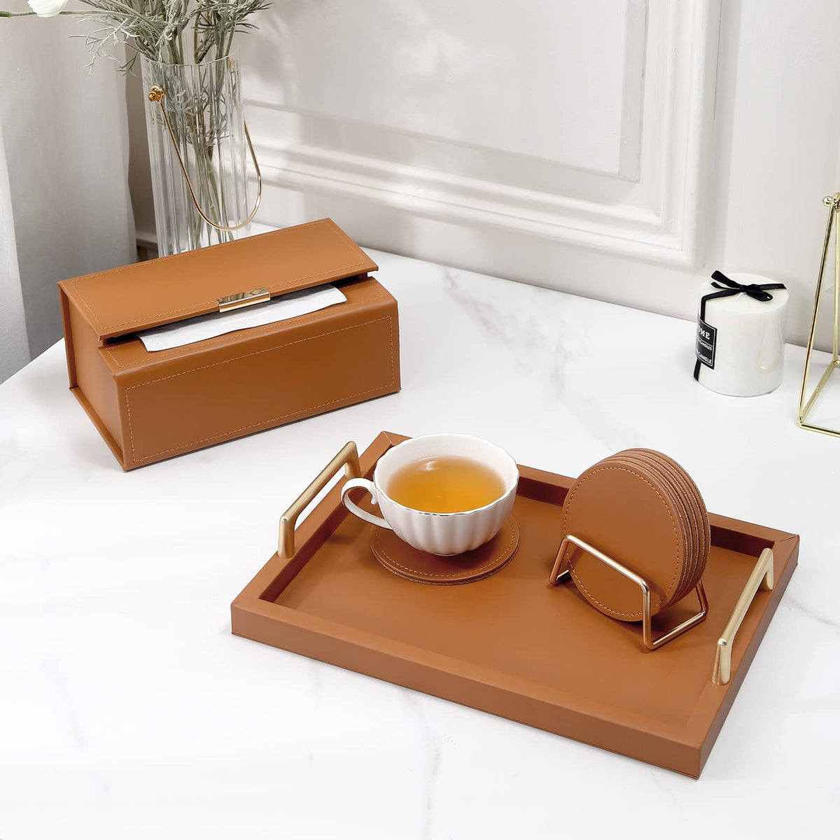 CASEGRACE Drink Coasters with Metal Holder Stand Set of 6, PU Leather Absorbent Coasters with Cork Base Table Coaster Set Decorative Coffee Cup Coasters Housewarming Gift for Home Decor