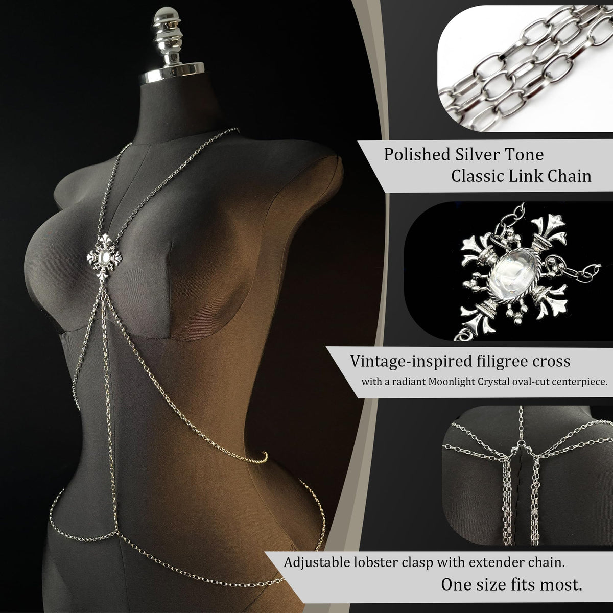 Gothic Cross Body Chain for Women – Silver Tone Adjustable Waist Body Jewelry with Clear Oval Crystal, Vintage Filigree Y-Style Harness Necklace for Festival Party Outfit