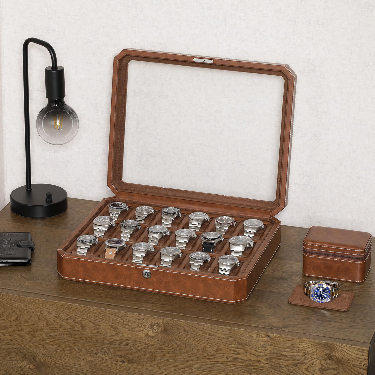 ROTHWELL 18-Slot Watch Case – Luxury Watch Box for Men, Real Glass Top, Lockable, Elegant Display for Collections (Tan/Brown)