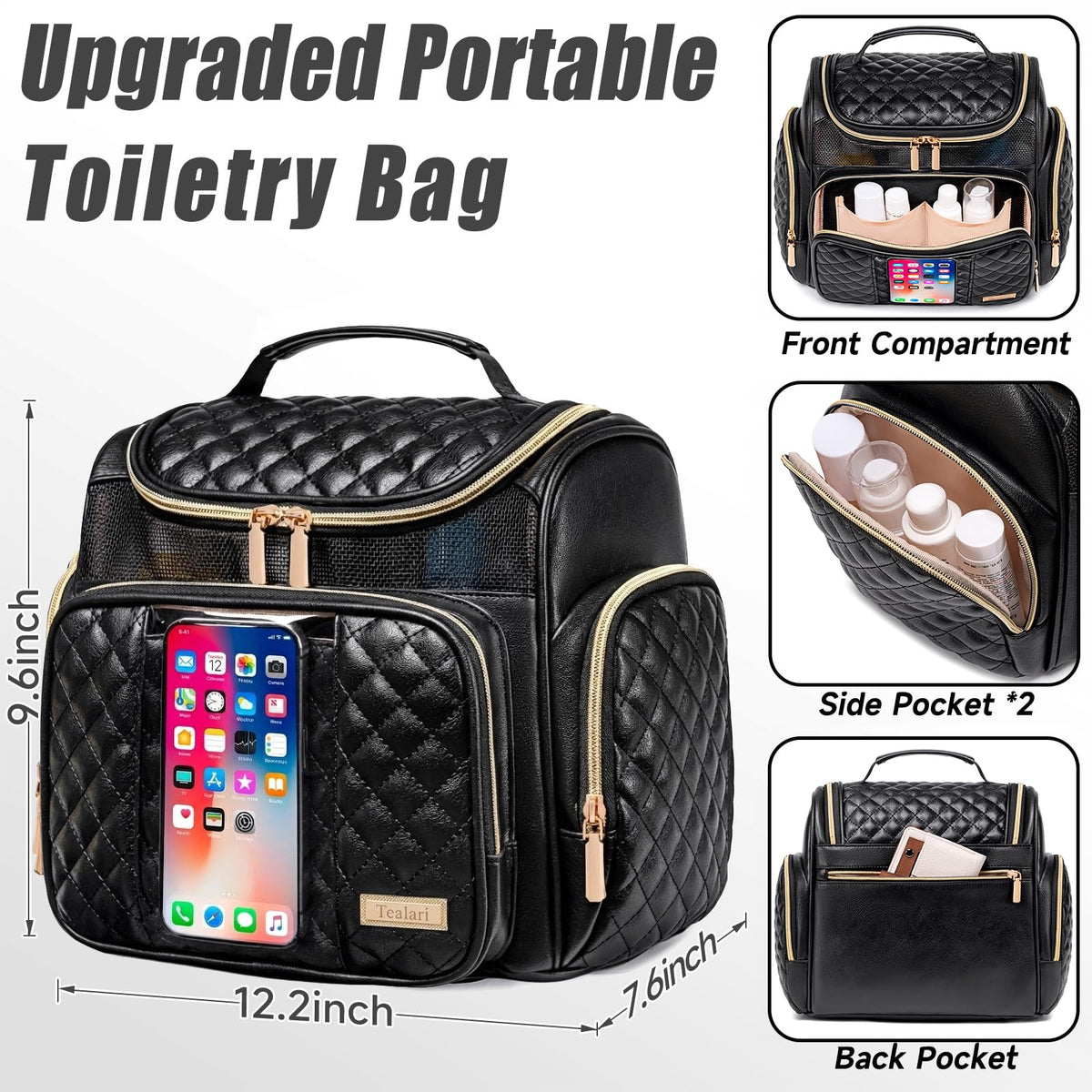 Large Leather Toiletry Bag for Women Men,Bathroom Bag,Water Resistant Shower Bag,Makeup Bag,Portable Shower Caddy for College Dorm,Hanging Travel Toiletry Bag with Transparent Waterproof Phone Pocket