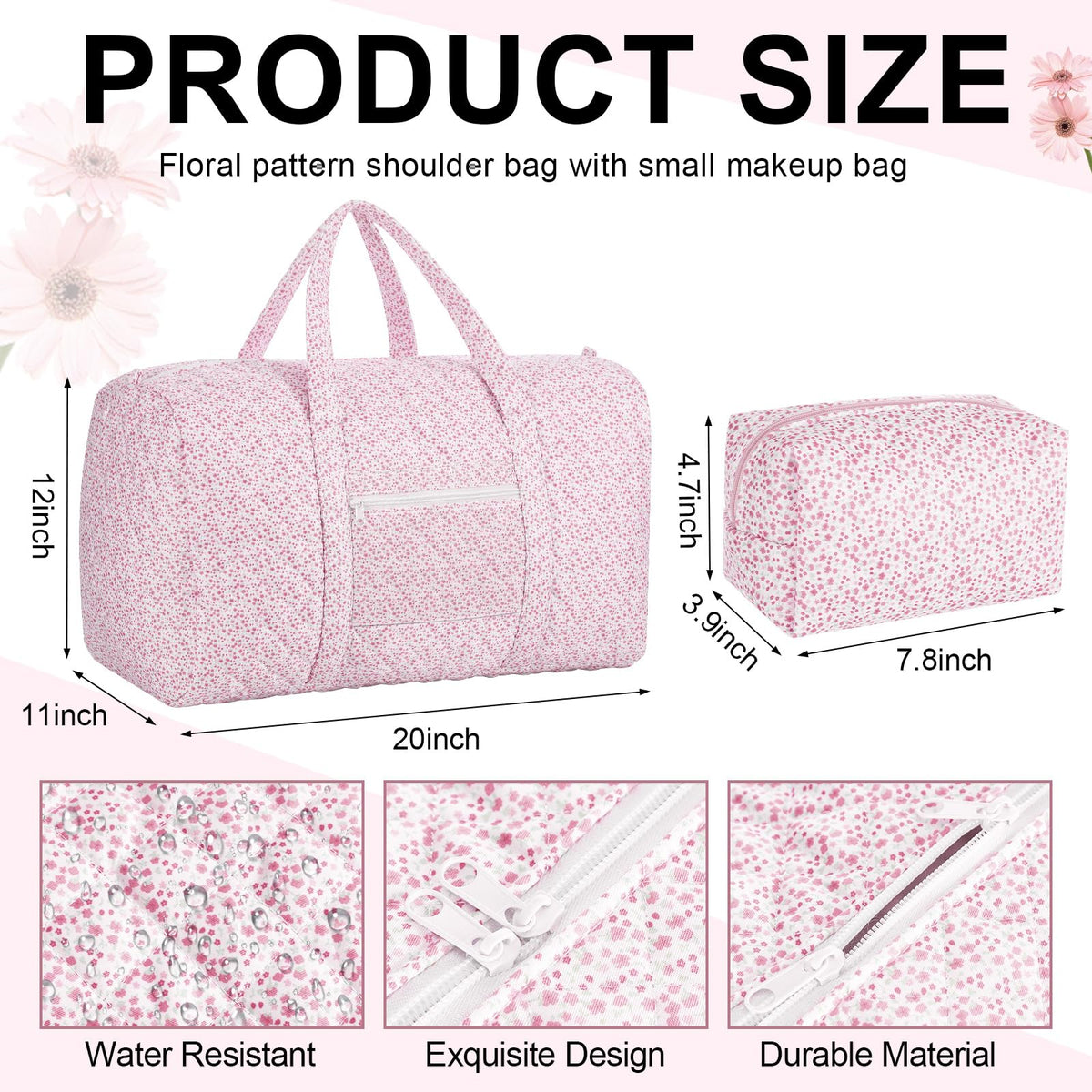 Bulyoou 2 Pack Floral Travel Duffel Bag Large Quilted Travel Duffle Bag and Floral Makeup Pouch Portable Gym Lightweight Weekender Organizer with Zipper Pockets Grocery Pouch for Women(Pink)