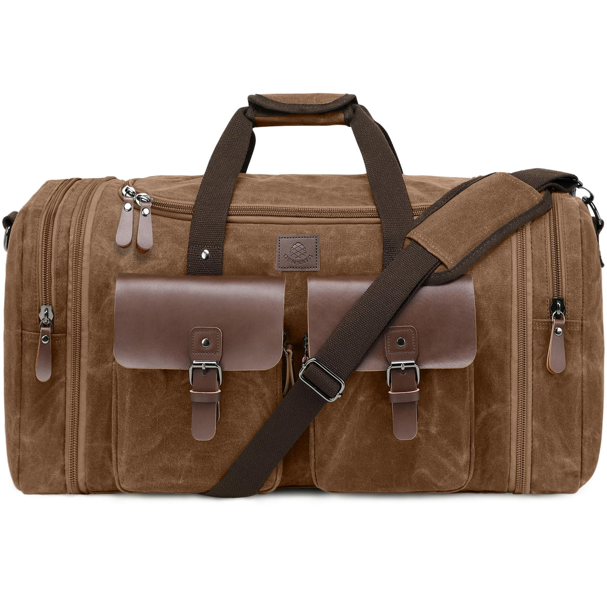 Densata Waxed Canvas Duffle Bag for Men 50L Travel Duffel Bags Expandable Genuine Leather Duffel Overnight Weekender Carry On Bag Two Zipper Pockets Travel Bag (Vintage Dark Brown, Large-50L)