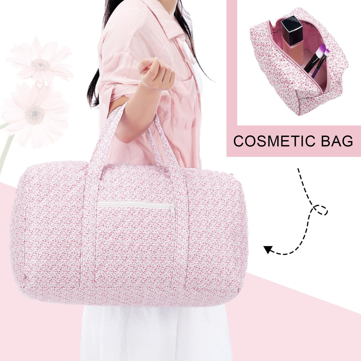 Bulyoou 2 Pack Floral Travel Duffel Bag Large Quilted Travel Duffle Bag and Floral Makeup Pouch Portable Gym Lightweight Weekender Organizer with Zipper Pockets Grocery Pouch for Women(Pink)