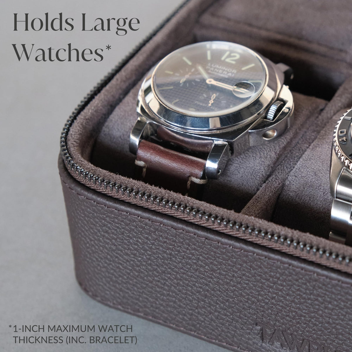 TAWBURY Watch Case - 3 Slot Genuine Top-Grain Leather Watch Travel Case for Men & Women with Metal Zipper and Extra Wide Pillows for Large Watches (Brown)