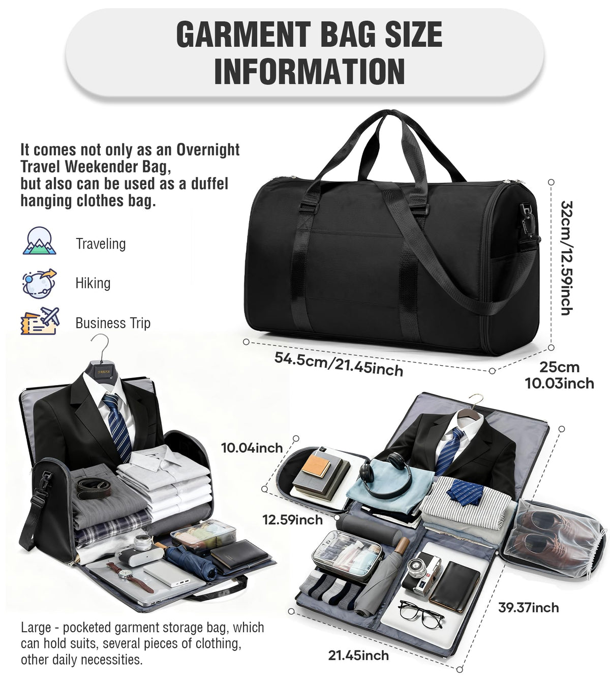 Convertible Garment Duffle Bags for Travel, Carry On Garment Bag for Women Men 2 in 1 Hanging Suit Bag, Large Weekender Bags for Business Trip Wedding Hanging Clothes Black