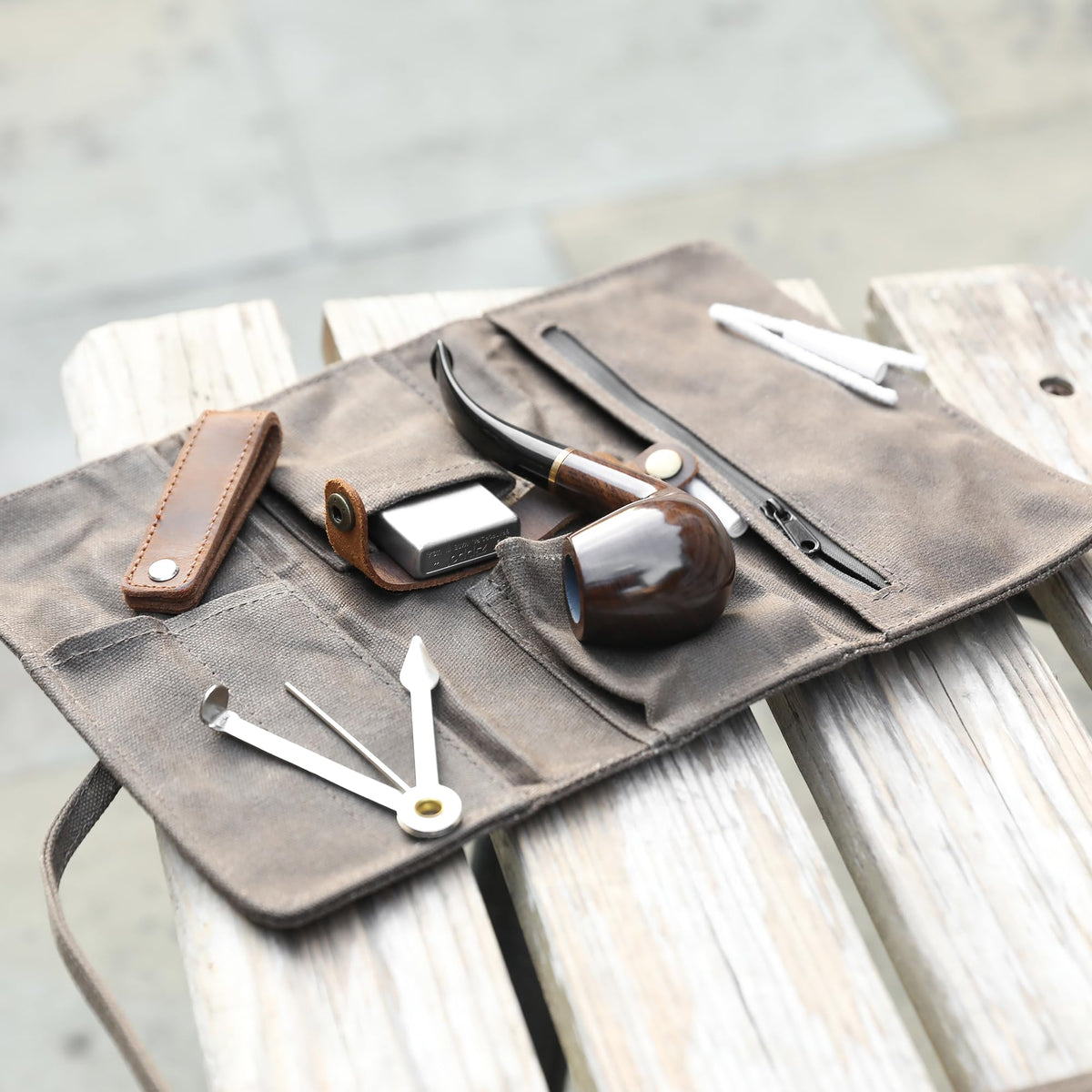 Whitluck's Waxed Canvas Tobacco Smoking Pipe Pouch with Leather Pipe Stand, Travel Pipe Case Bag for 2 Pipes and Other Accessories