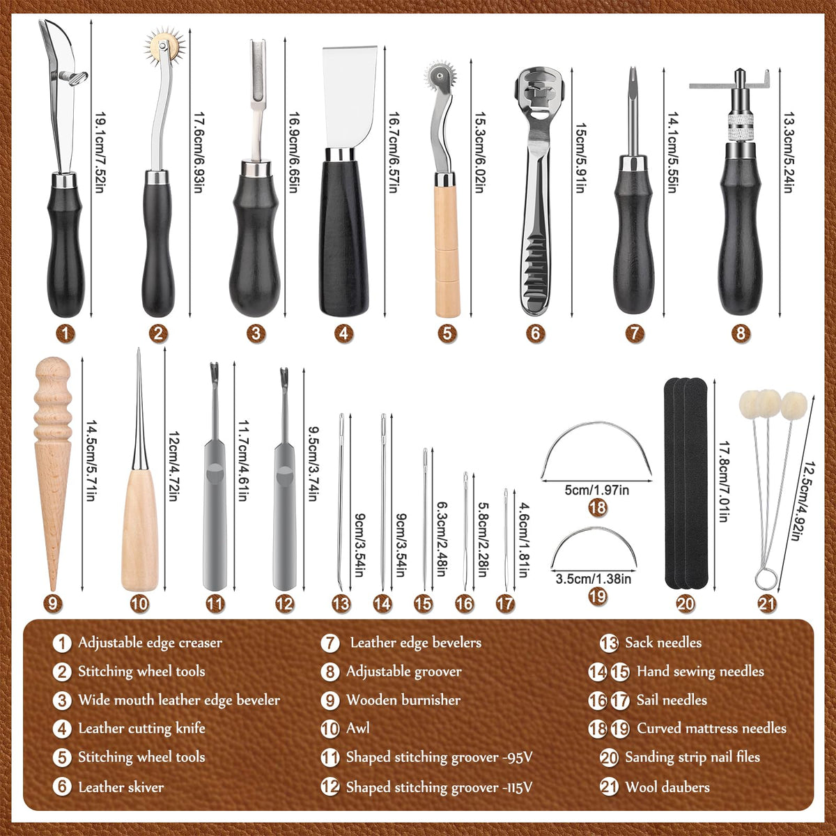Leather Working Tools, Leather Craft Tools Kit with Awl Stitching Punch Hole Sewing Needles for Leathercraft Beginner Carving Stamping Repair Projects