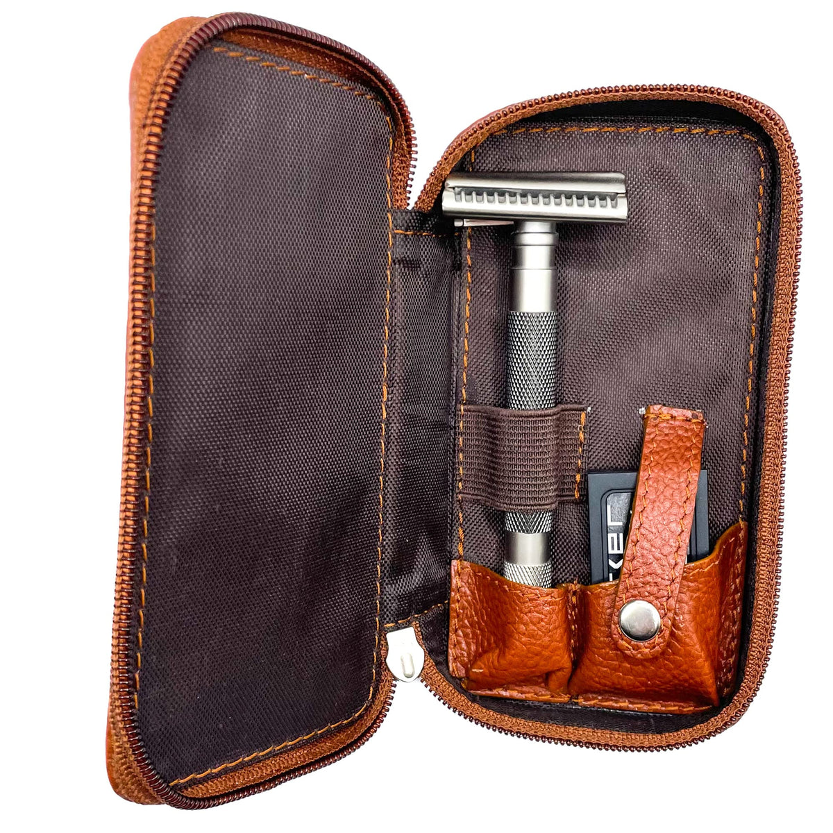 Parker Saddle‑Brown Leather Double Edge Safety Razor Case with Blade Compartment – Zip Travel Pouch
