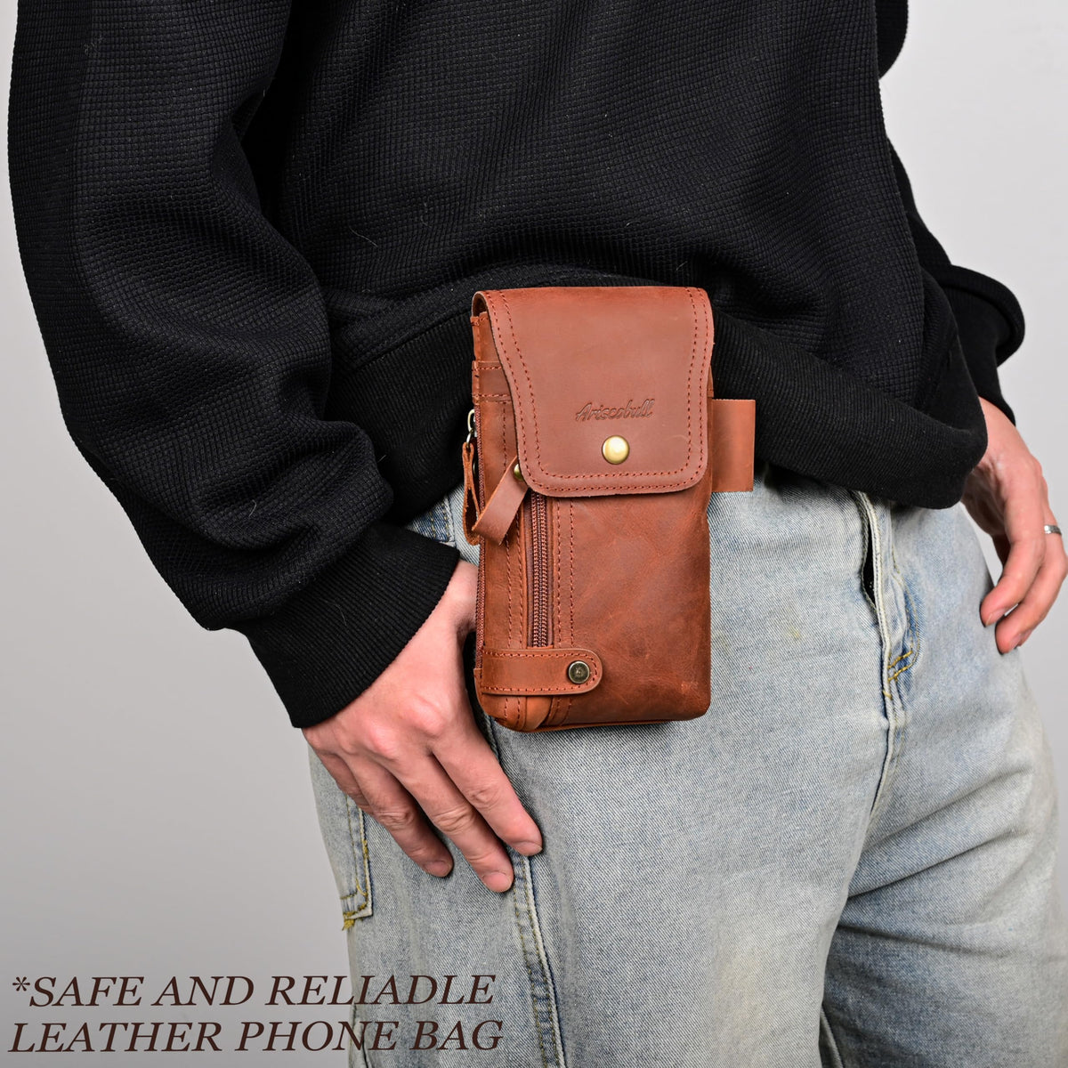 Ariscobull - Leather Phone Holster - Genuine Full-Grain Buffalo Leather Cell Phone Holsters - for iPhone 16, 15, 14, 13pro, Galaxy S24, S23, S22-7”H X 3.5" W (Coffee)