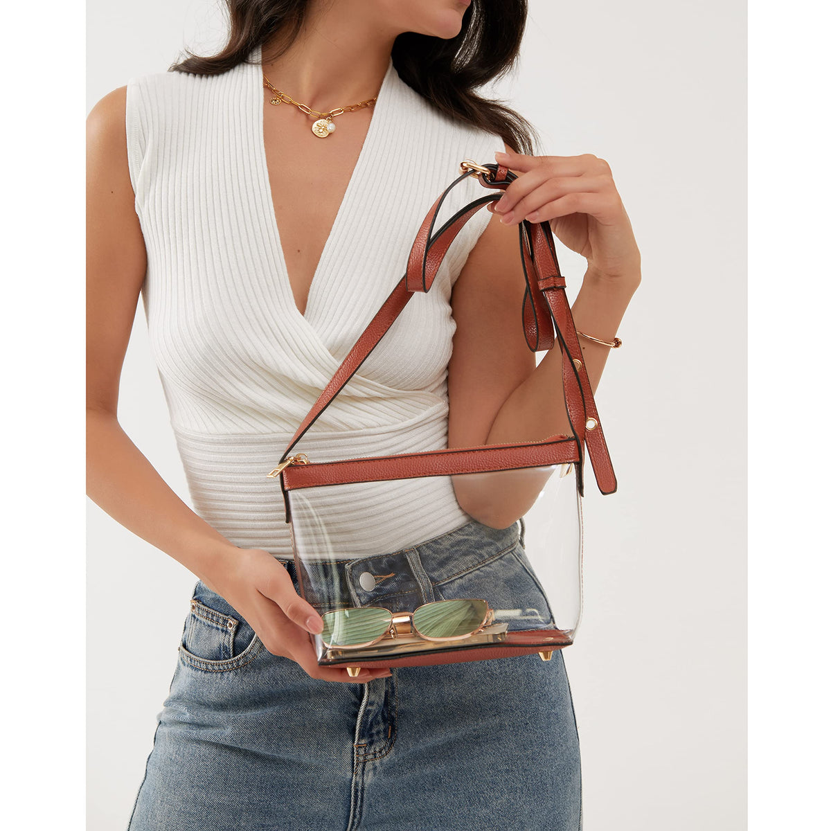 Clear Zipper Cross Body Bag with Vegan Leather Trim (Brown) Small