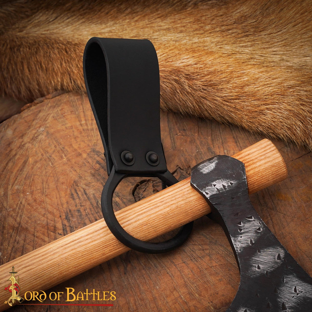 Lord of Battles Medieval Leather Axe Frog – Heavy Duty Belt Axe Holder with Steel O - Ring |6 Inch Genuine Leather Axe Holster for Viking, LARP, SCA & Reenactment Gear (Black)