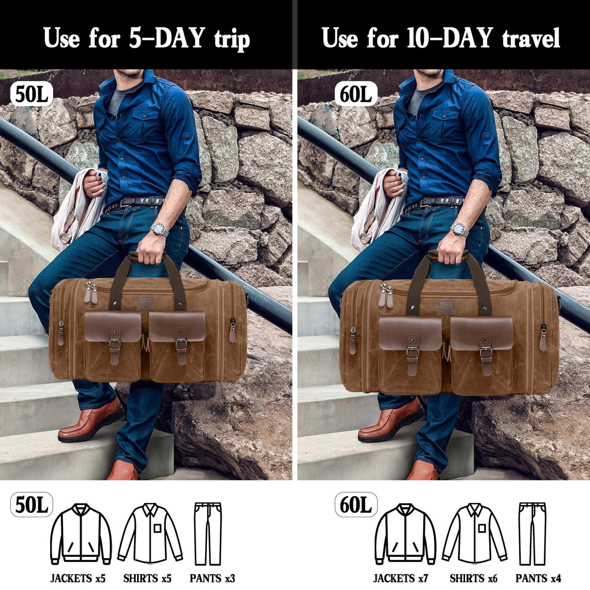 Densata Waxed Canvas Duffle Bag for Men 50L Travel Duffel Bags Expandable Genuine Leather Duffel Overnight Weekender Carry On Bag Two Zipper Pockets Travel Bag (Vintage Dark Brown, Large-50L)
