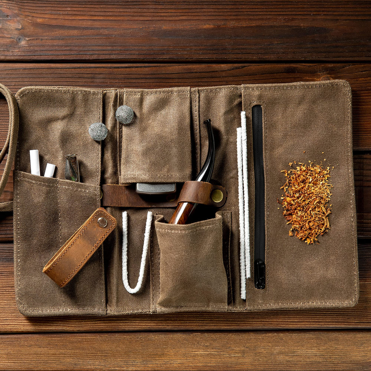 Whitluck's Waxed Canvas Tobacco Smoking Pipe Pouch with Leather Pipe Stand, Travel Pipe Case Bag for 2 Pipes and Other Accessories