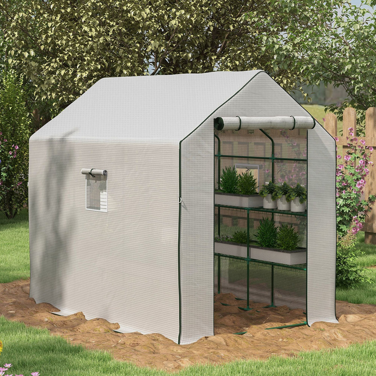 Portable Greenhouse, Water/UV Resistant Walk-In Small Outdoor Green House with 2 Tier Flower Rack Shelves, White