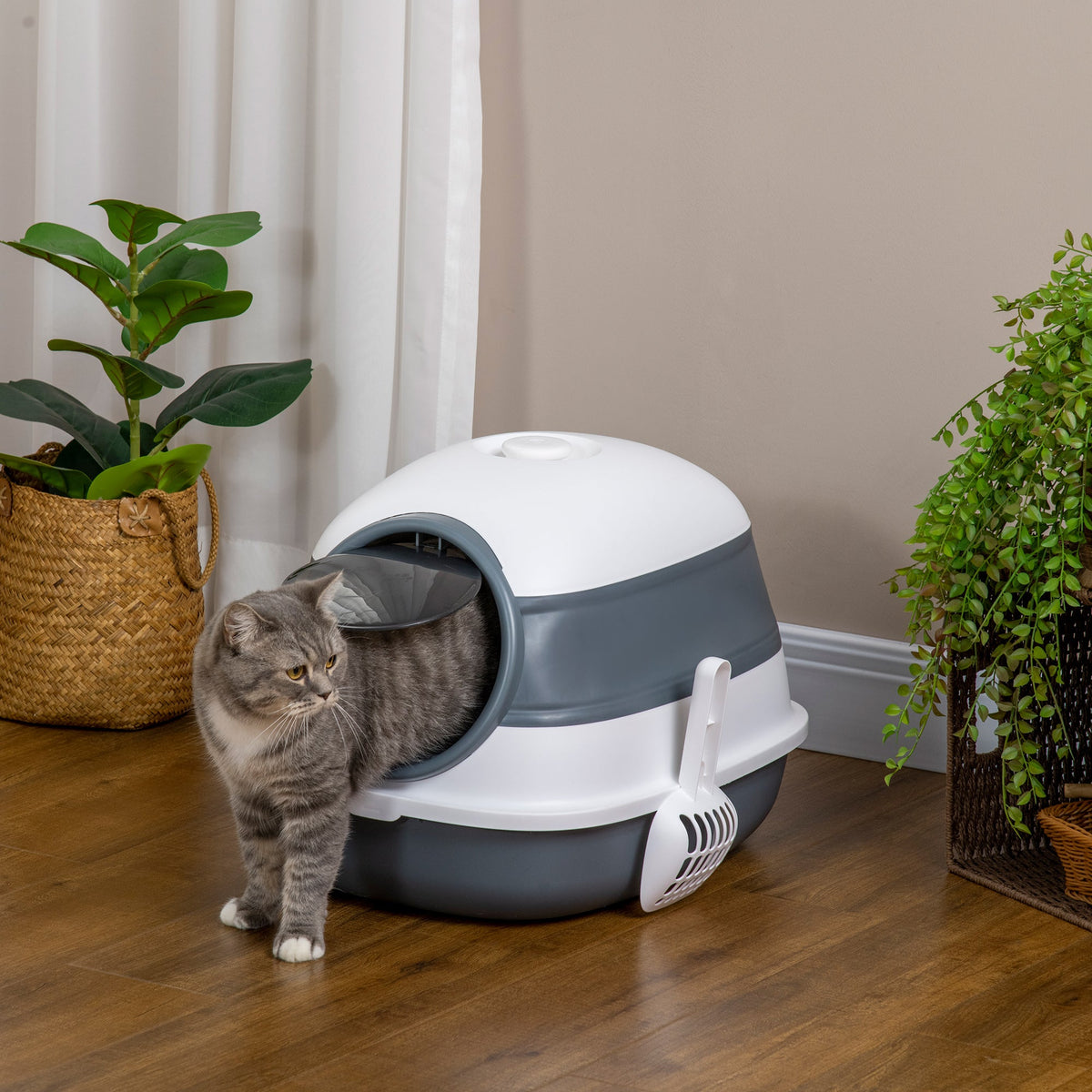 Dome Covered Cat Litter Box with Lid, White and Gray