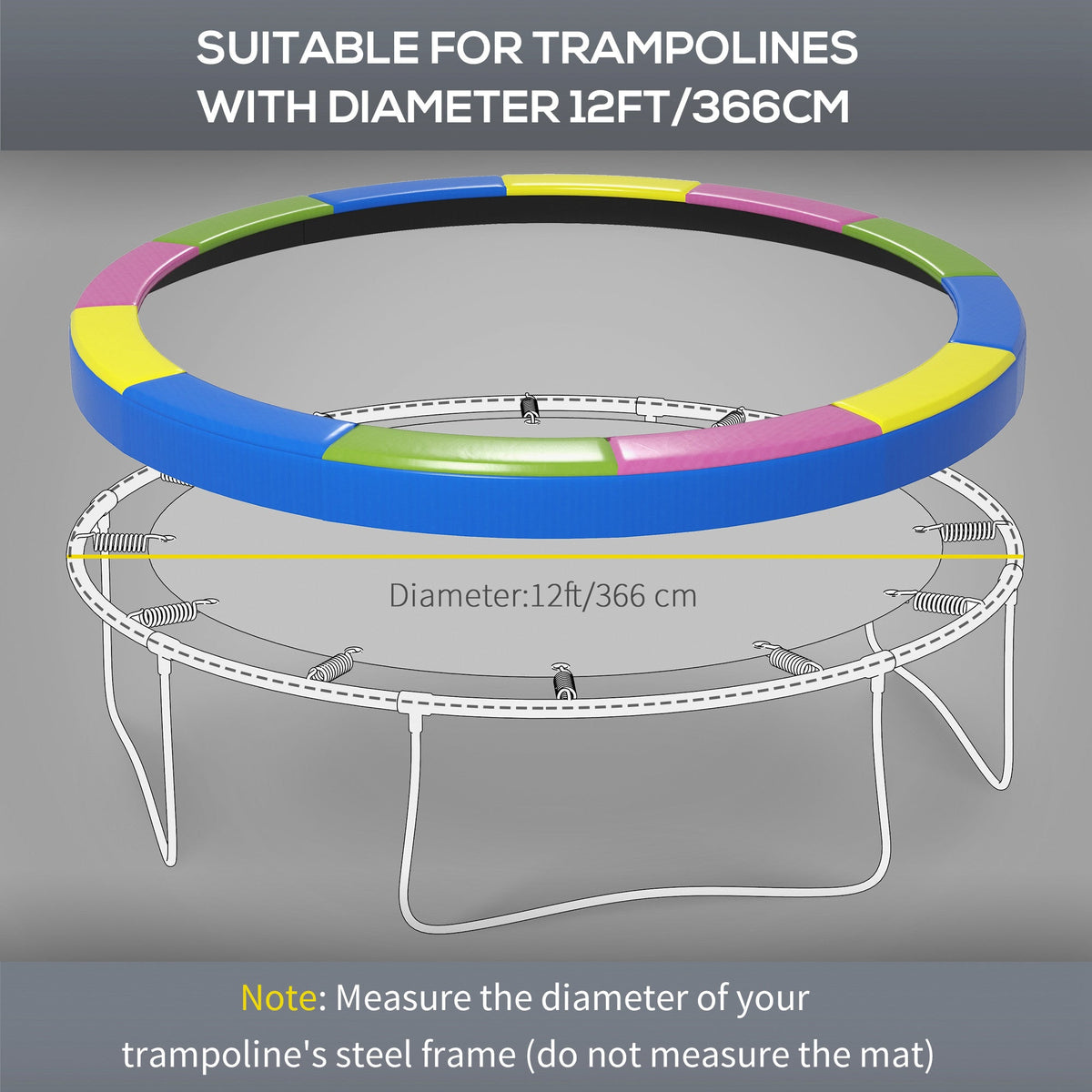 12FT Trampoline Spring Cover, Safety Trampoline Pad Replacement, Waterproof and Tear Resistant, All Weather Trampoline Accessories, No Holes for Pole, Multi Color