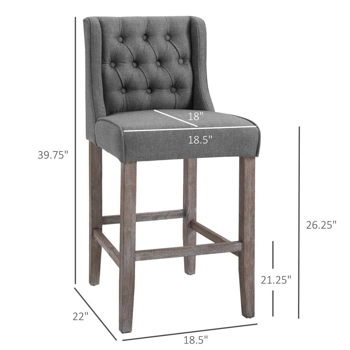 26.25" Counter Height Bar Stools, Tufted Wingback Armless Upholstered Dining Chair with Rubber Wood Legs, Set of 2, Gray