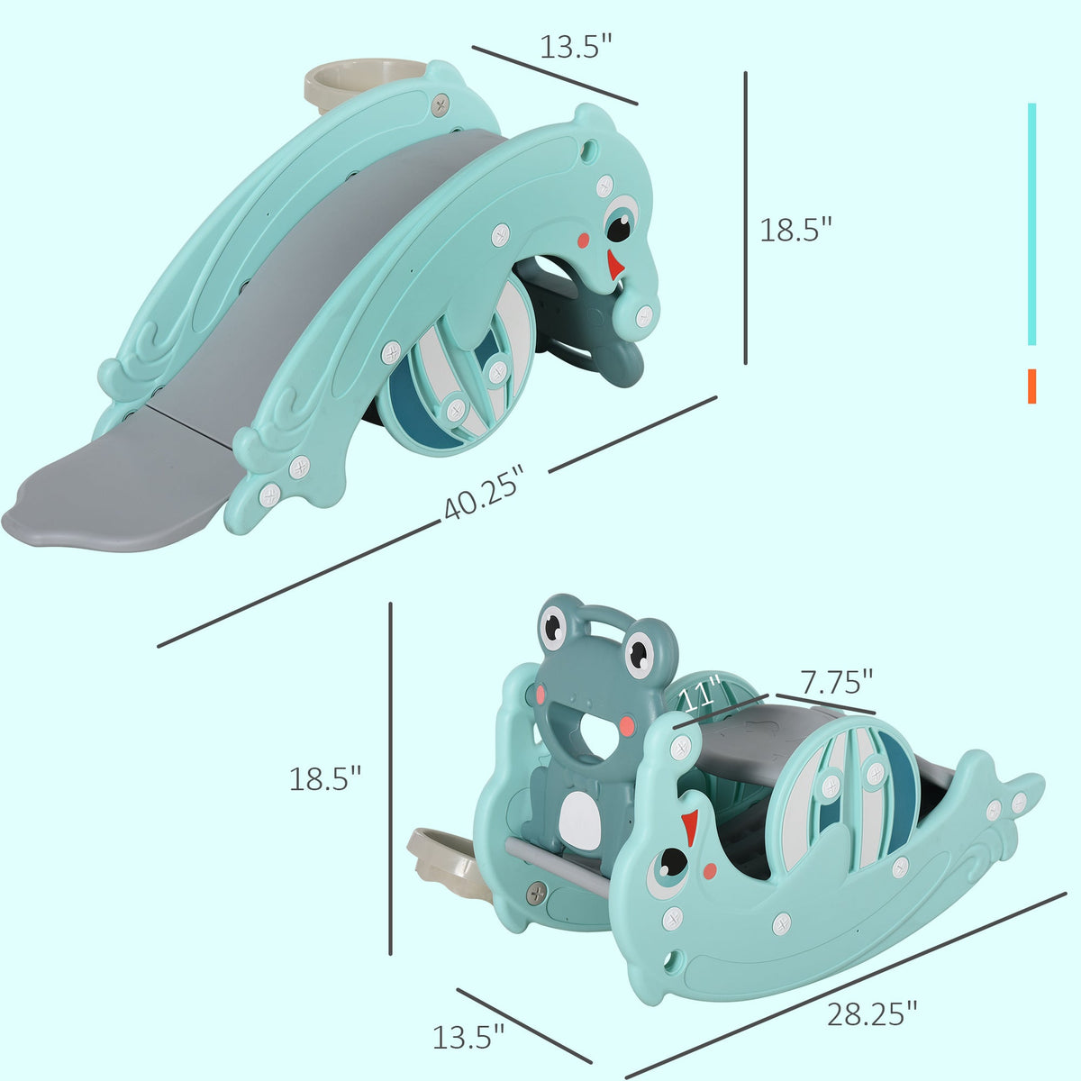 3-in-1 Kids Portable Slide Rocking Horse Toy with Basketball Hoop for Age 1.5-3 Boys and Girls, Mint Green