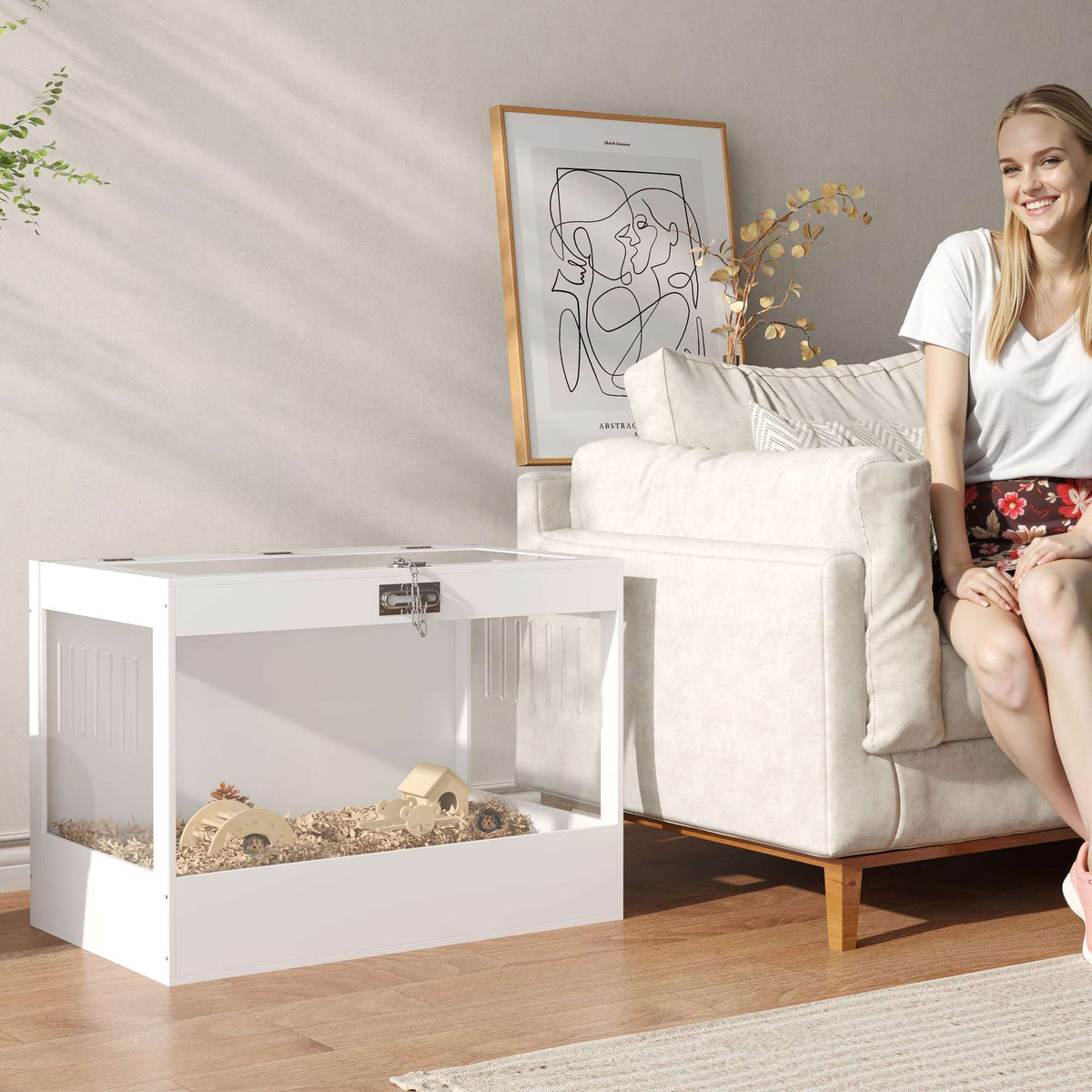 Hamster Cage with Openable Top & Lock, Hut, Transparent Acrylic Panels, Accessories, for Dwarf Hamster Gerbil, White