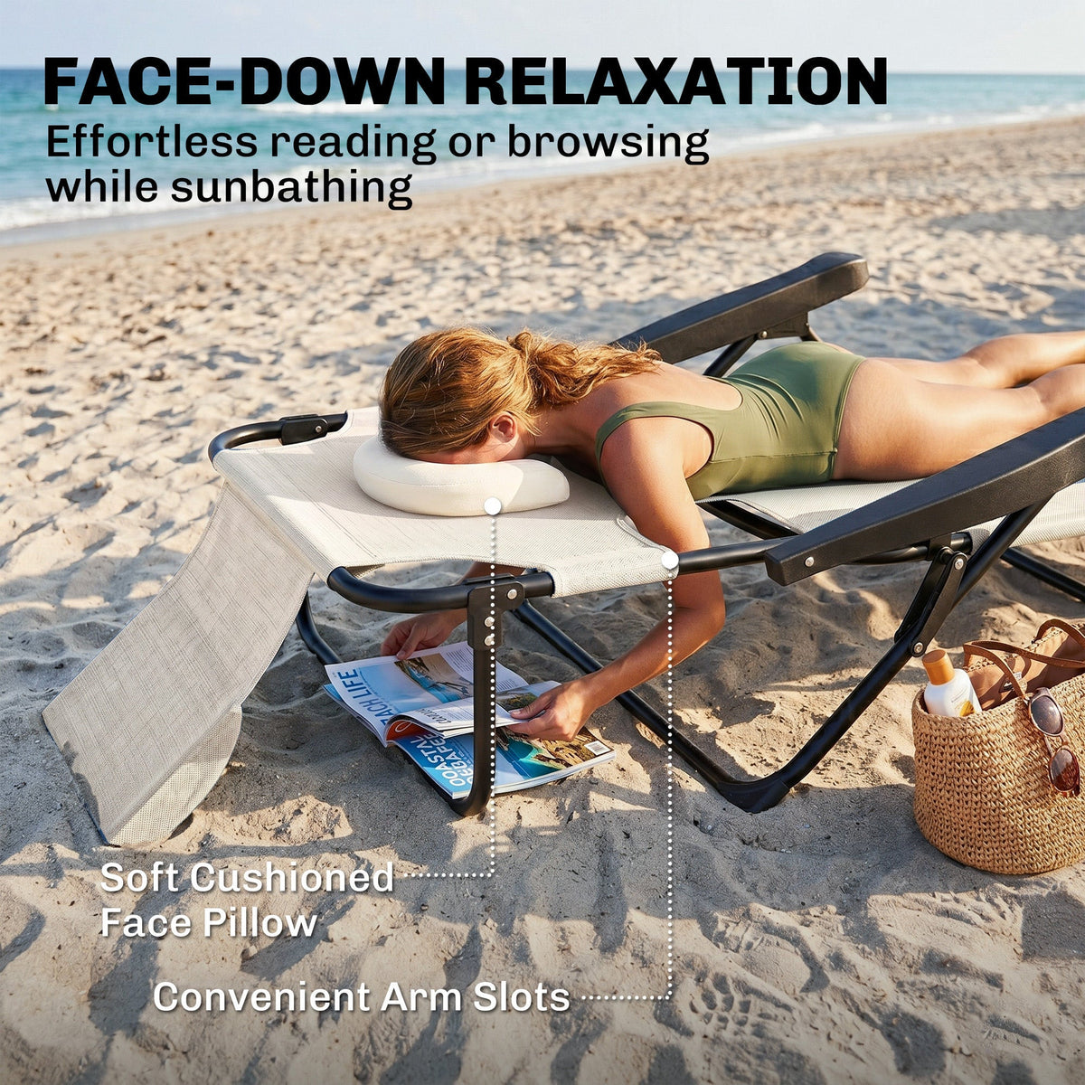 Folding Lounge Chair w/ Reclining Back, Cream White