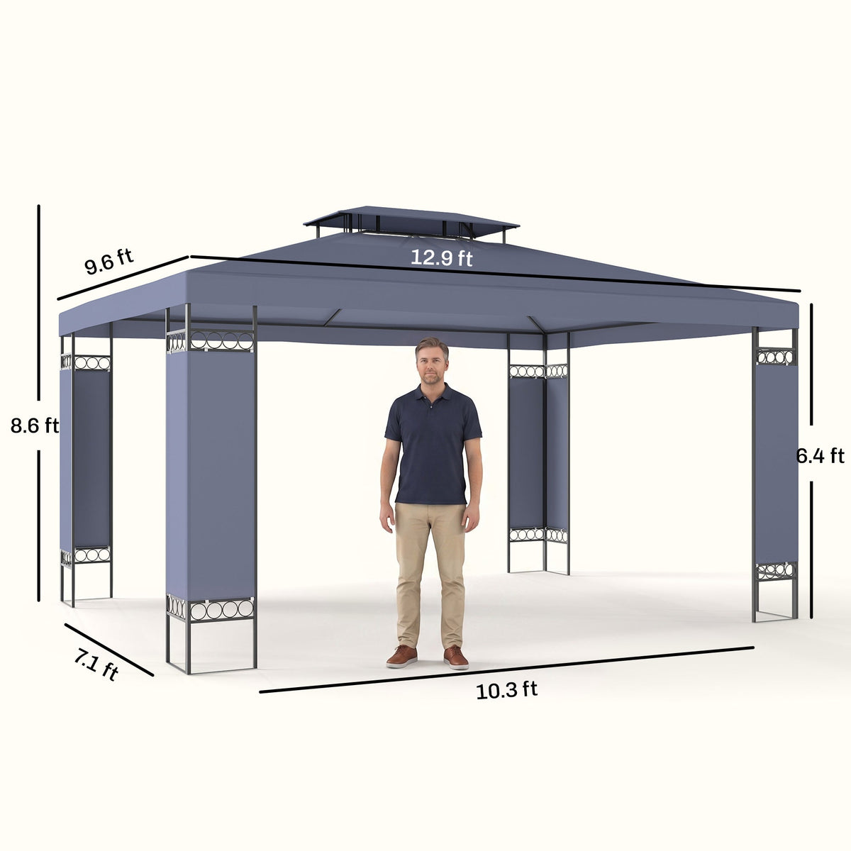 9.6' x 13' Patio Gazebo, Double Roof Outdoor Gazebo Canopy Shelter with Screen Decorate Corner Frame, for Garden, Lawn, Backyard and Deck, Gray